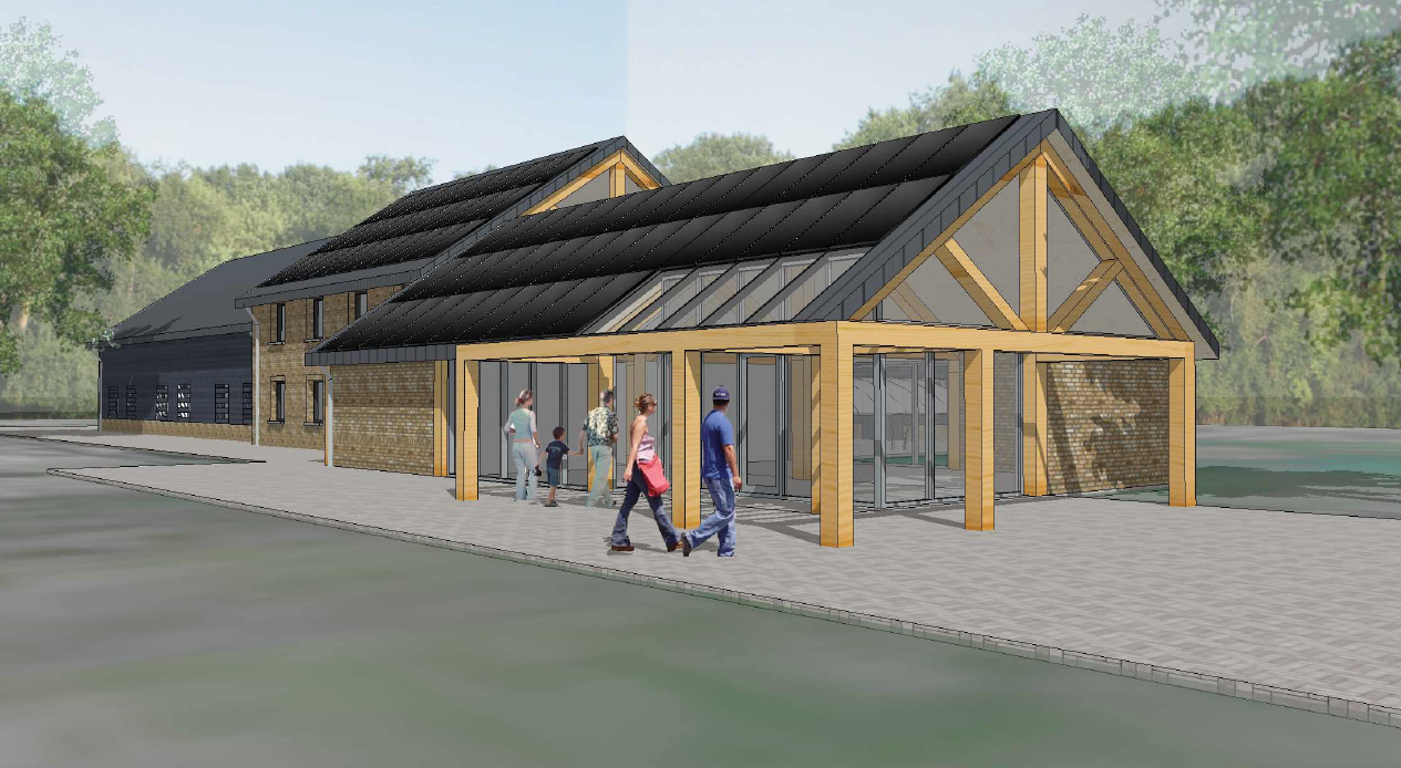 Het aanzicht van de nieuwe receptie van Landal Lommerbergen. Dit aanzicht ziet de gast vaak omdat het is getekend van de centrale weg het park op.