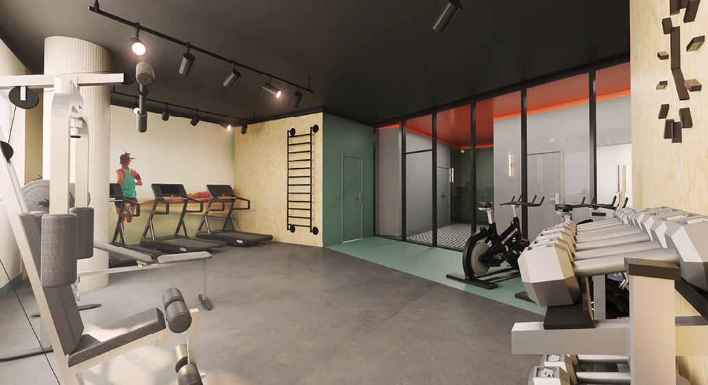 Compacte fitnessruimte met daarnaast een ruimte voor yoga.