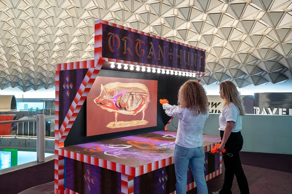 Two visitors at an interactive exhibit in Next Nature Museum